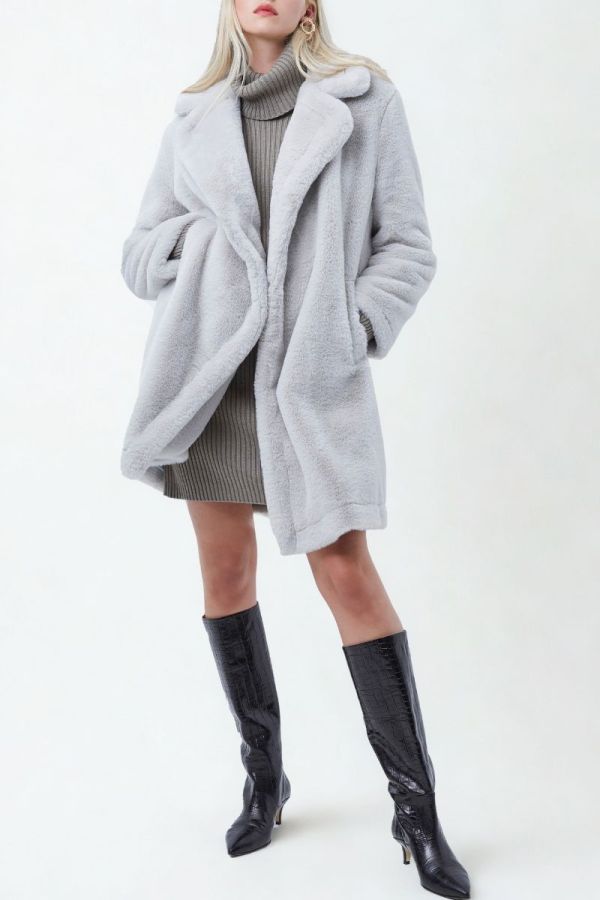 French Connection Long Grey Faux Fur Coat