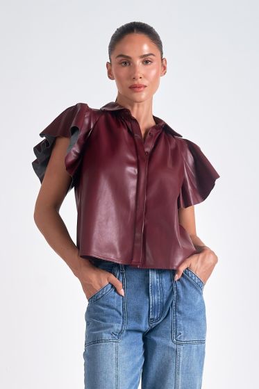 Elan Badia Burgundy Flutter Sleeve Top