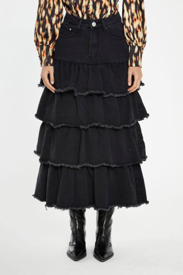 Glamorous Tiered Ruffle Black Denim Skirt 