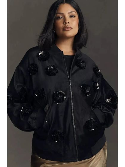 Eva Franco Velvet Floral Embroidered Bomber Jacket 