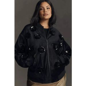Eva Franco Velvet Floral Embroidered Bomber Jacket 