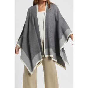 Q2 Grey and Ecru Trim Knit Poncho