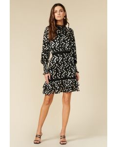 Adelyn Rae Mock Neck Black and Silver Chiffon Ruffle Hem Dress