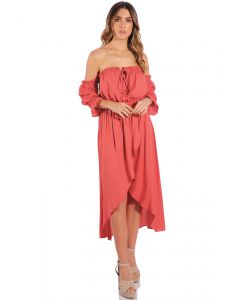 ELAN Coral Hi-Lo Off the Shoulder Dress 