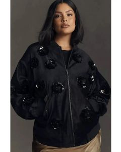 Eva Franco Velvet Floral Embroidered Bomber Jacket 