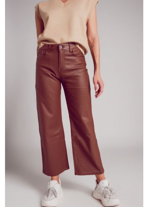 Q2 Brown Coated Wide Leg Denim Pants
