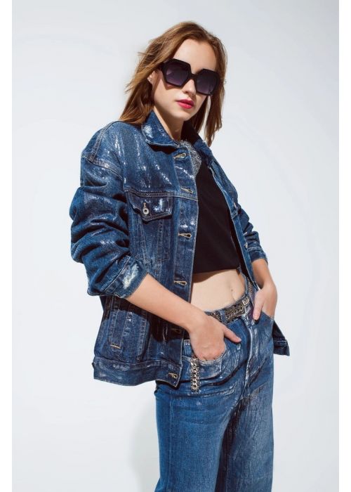 Q2 Oversized Silver Metallic Finish Denim Jacket 