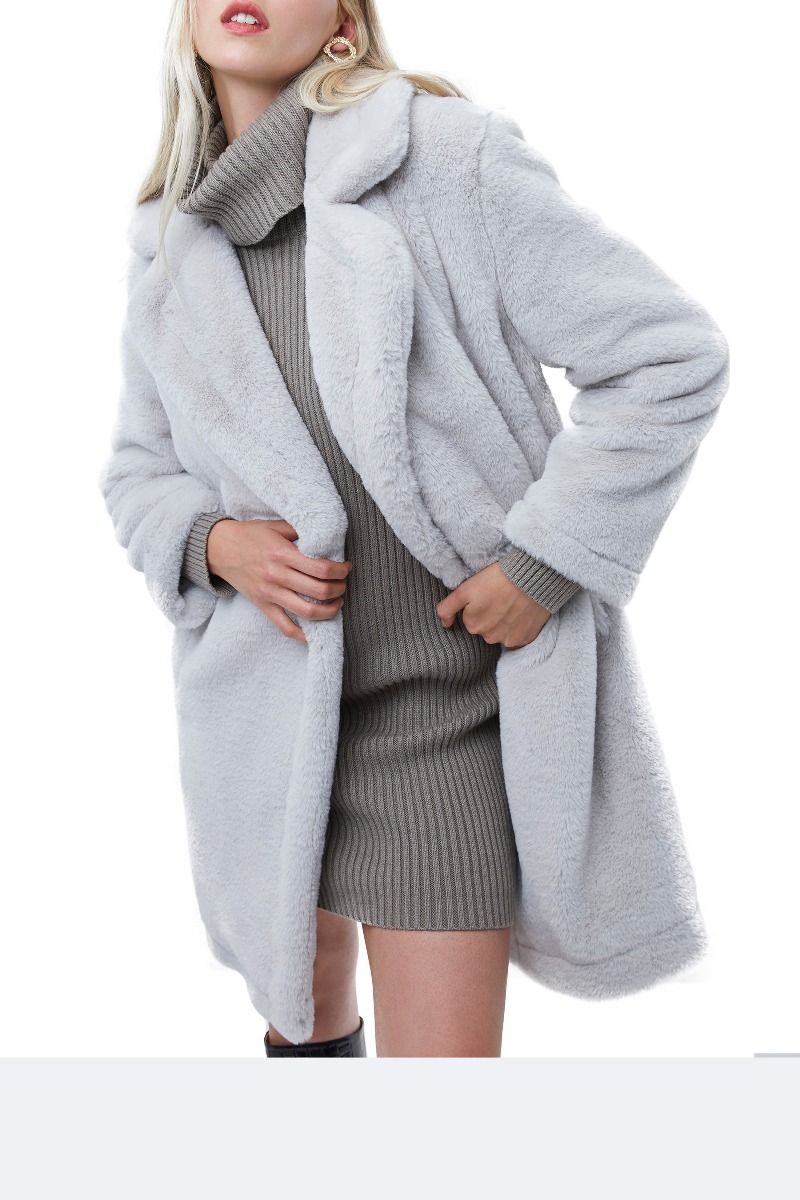 French Connection Long Grey Faux Fur Coat