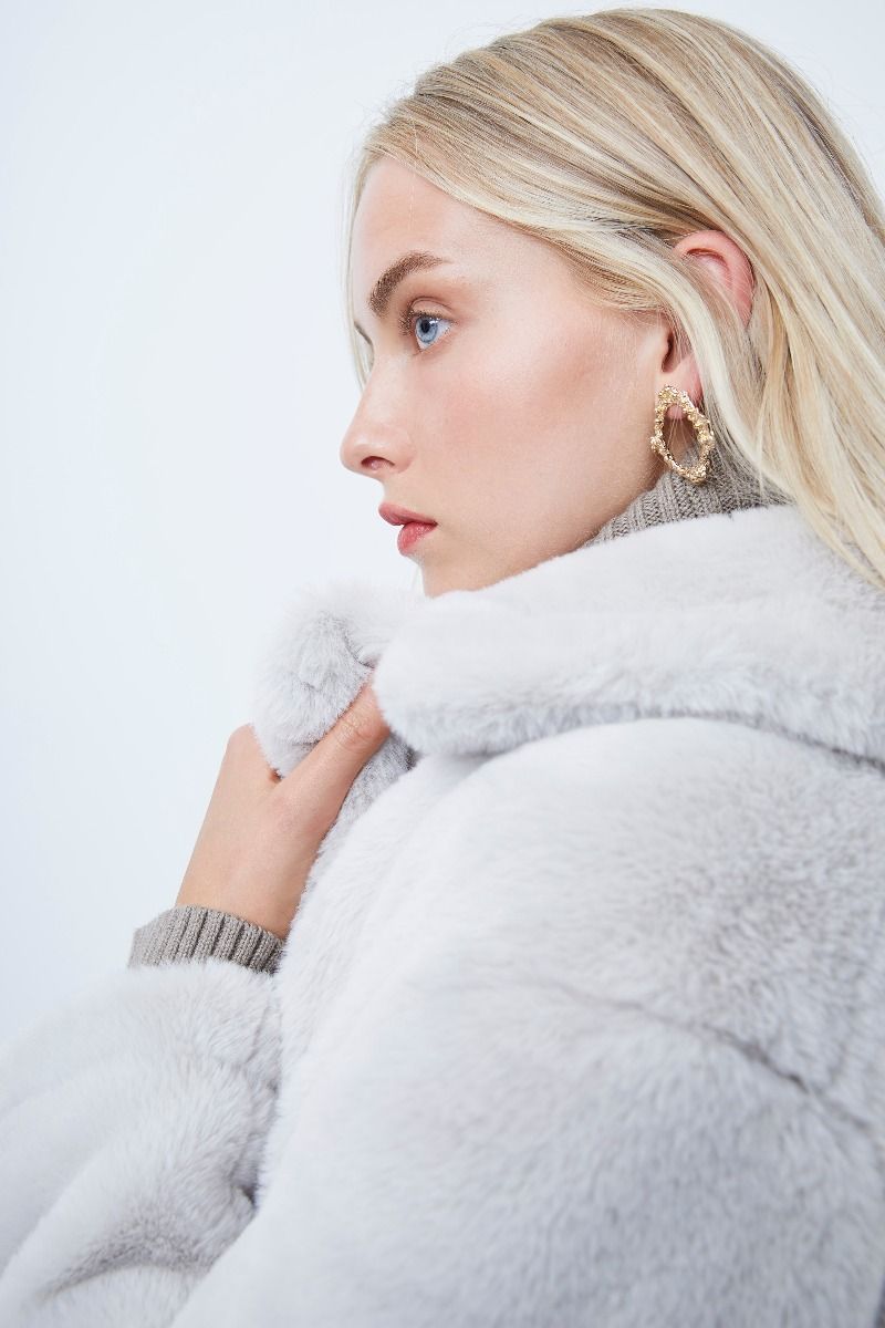 French Connection Long Grey Faux Fur Coat