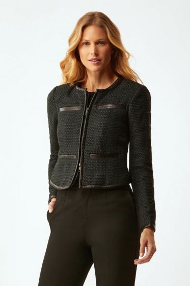 ECRU Black Tweed Jacket With Leather Trim