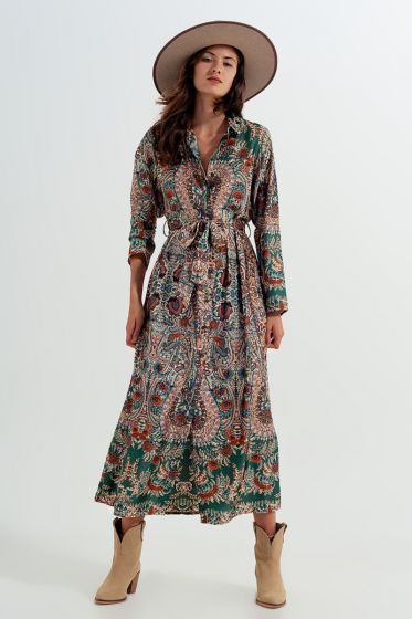 Q2 Floral Print Satin Maxi Shirt Dress