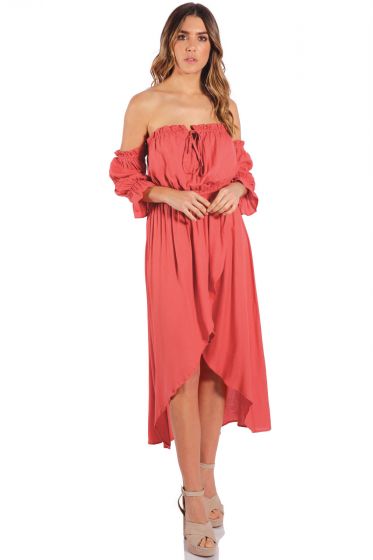 ELAN Coral Hi-Lo Off the Shoulder Dress 