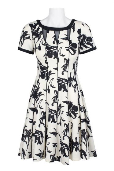 Taylor Black and White Fit And Flare Floral Dress