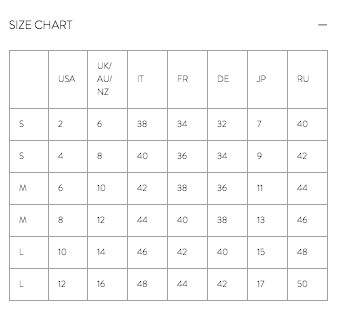 Jovonna Size Guide